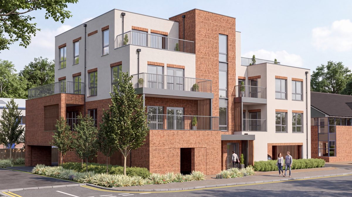 Computer generated image of The Terraces, the new three-storey building at Persimmon House, with brick and render elevations and balconies
