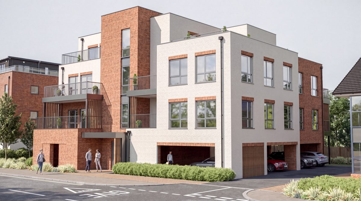 Computer generated image of The Terraces showing balconies, roof terraces and the undercroft parking