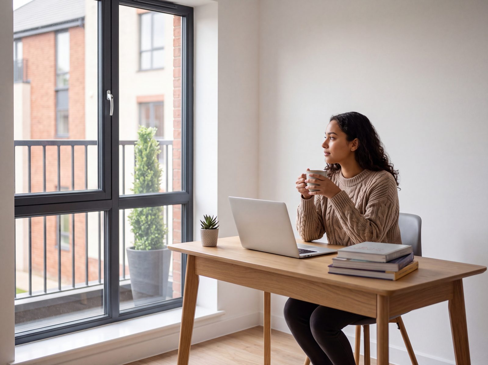 A person working from home at a desk beside a large window
