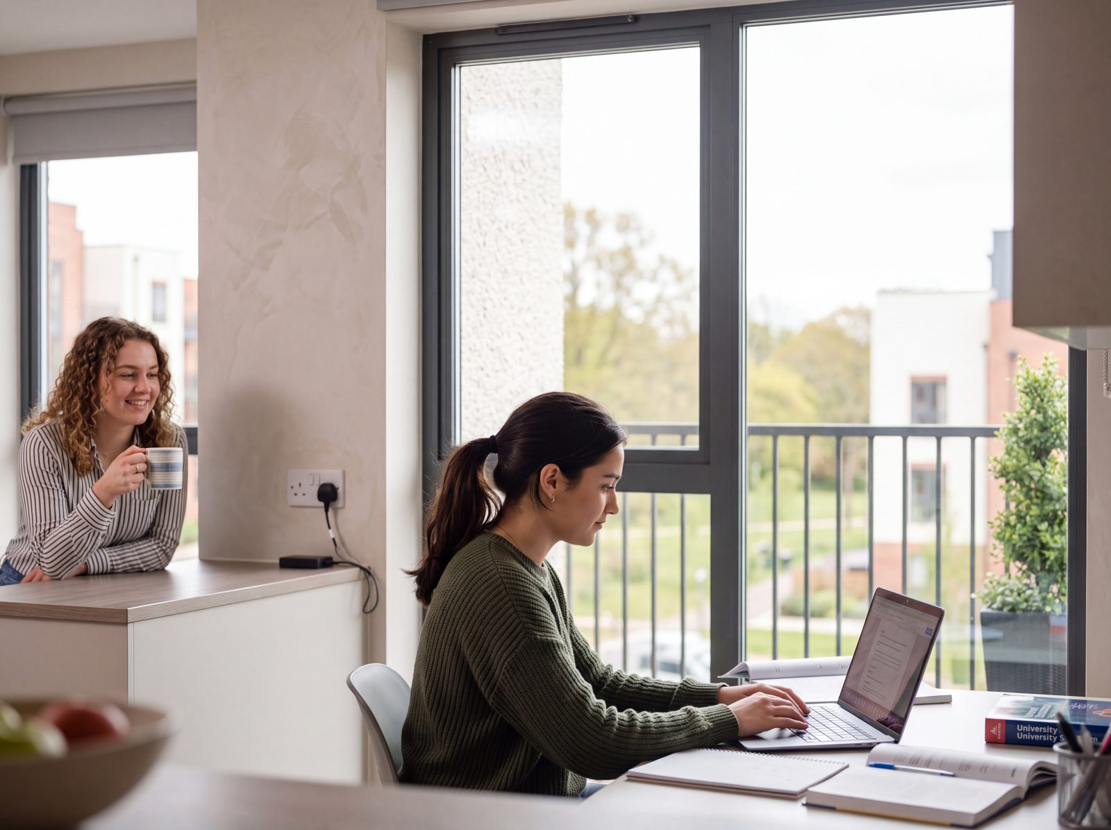 Two flatmates in a bright kitchen, one working on a laptop